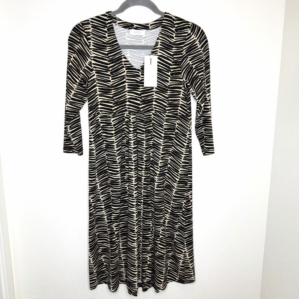 Noen Nordic 3/4 Sleeve Midi Dress Womens 8 EU 38 Black Tan Print Stretch